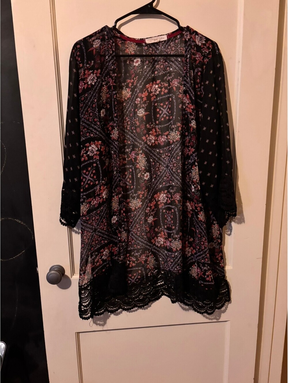 Rewind Large Black Sheer Floral Lace Trim Kimono Cardigan